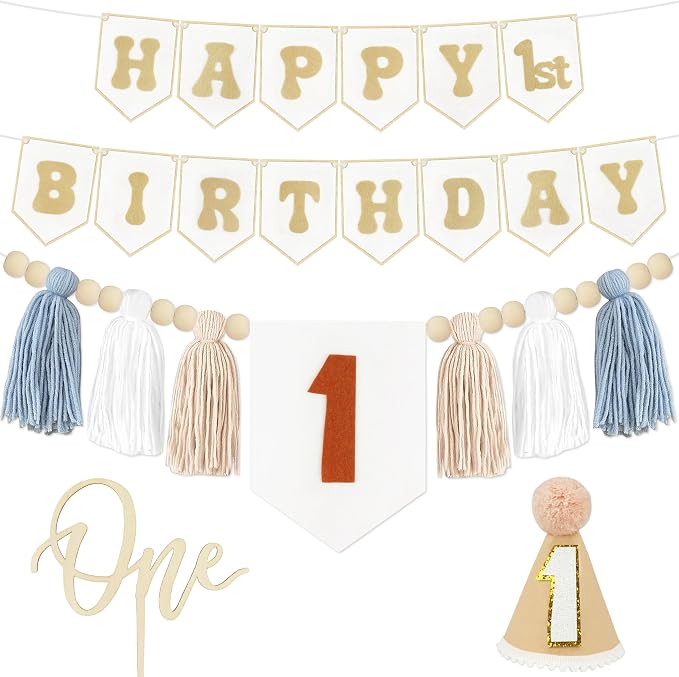 THAWAY 1st Birthday Decorations Boy, First Birthday Becorations for Boy and Girl with Banner, One High Chair Banner, Hat and Wood Cake Topper for One Year Old Party Decor