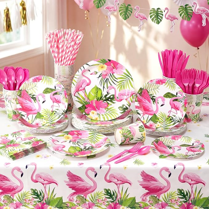 LemonRoad 452 Pcs Hawaiian Flamingo Party Decorations for 50, Hawaiian Tropical Paper Plates Napkins Cups Tablecloth Cutlery Straws Luau Disposable Tableware for Aloha Summer Birthday Party Supplies