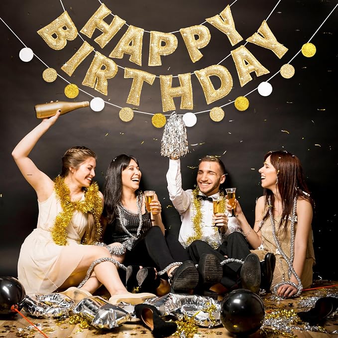 Pre-strung Gold Glitter Happy Birthday Banner Garland, Reusable Birthday Party Decorations, No DIY Gold Birthday Party Banner Sign Decor for Women Men Boys Girls Party Backdrop Party Supplies
