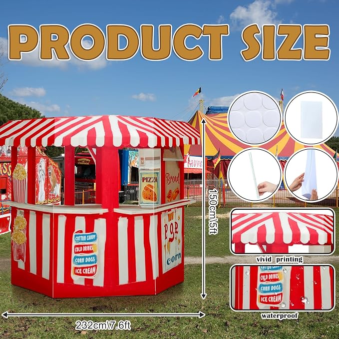 Threehoney 7.6ft 3D Carnival Vendor Booth Cardboard Cutout Stand up Life Size Circus Theme Party Decorations Backdrop Photo Prop Popcorn Bar Stand up for Carnival Party Decoration Supply