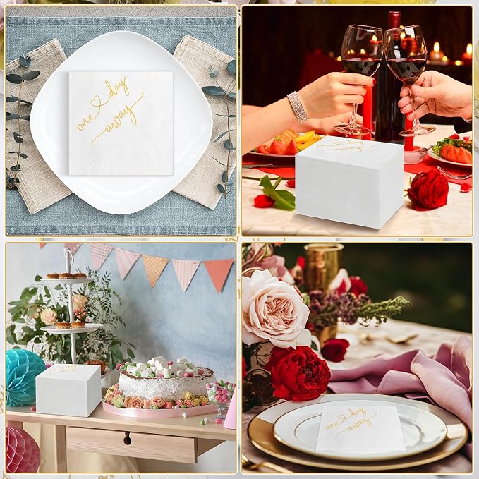 Crtiin 200 Pcs One Day Away Rehearsal Dinner Cocktail Napkins One Day Away Party Supplies Disposable Paper Napkins in Bulk for Wedding Rehearsal Dinner Beverage Table Decorations, 4.5 x 4.5 Inch Gold