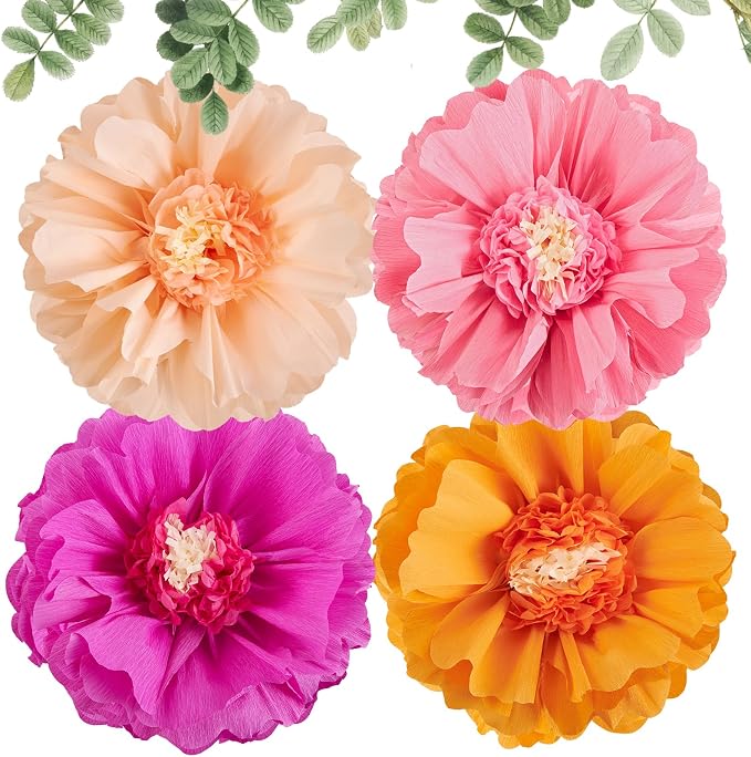 SUNBEAUTY Large Paper Flowers Decorations 4PCS 20'' Pink Orange Giant Paper Flowers Large Crepe Tissue Flower Decorations for Girls Women Birthday Baby Shower Spring Summer Wedding Wall Decor