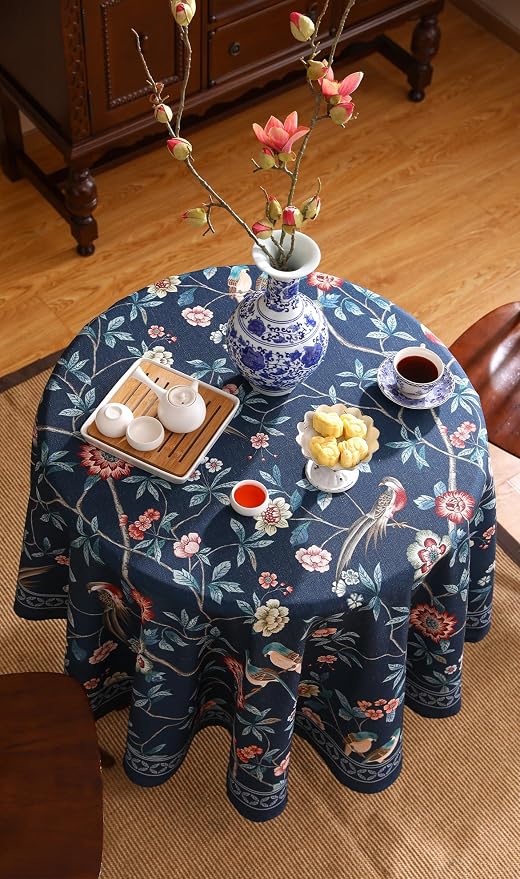 patdrea Elegant Vintage Linen Tablecloth,Round,Diameter 55"-Lanruoting | Chinoiserie Table Cloth for Round Table,Blue Oriental Bird Floral Print,Dining Tea Party Thanksgiving Coffe Table Decor