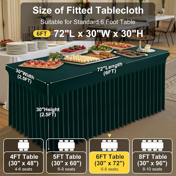 Smiry Spandex Tablecloth 2 Pack, Elastic Fitted Stretch Tablecloth for 6FT Rectangle Tables, Waterproof Washable Table Cover Skirt for Wedding, Banquet & Parties (Hunter Green, 72Lx30Wx30H Inch)