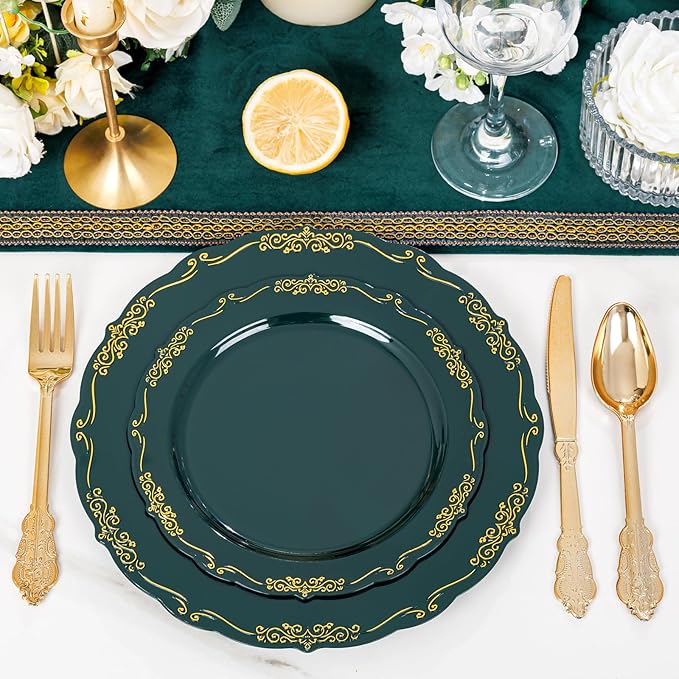 DaYammi 150Pcs Green Plastic Plates with Gold Silverware,Green Disposable Plates for Party include 30 Dinner Plate,30 Dessert Plate,90 Gold Plastic Cutlery,green gold plate for Party Dinner