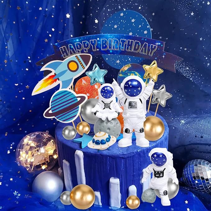 Astronaut Figurines Cake Toppers 32Pcs Outer Space Cake Decorations Spaceman Figures Planet Rocket Stars and Satellite Balls for Two The Moon First Trip Around the Sun Birthday Baby Shower
