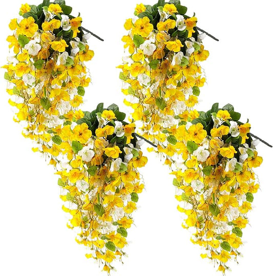 XunYee 4 Pcs Artificial Hibiscus Flowers for Outdoors Spring Summer Decor Fake Hanging Flowers Plants Uv-Resistant Faux Hibiscus Flower for Outside Porch Patio Front Door (Yellow and White)