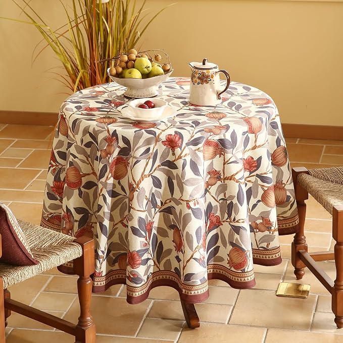 patdrea Vintage French Linen Tablecloth,Round,Diameter 55" | Elegant Beautiful Table Cloth for Round Table,Natural Floral Block Print,for Dining Room Tea Party Thanksgiving