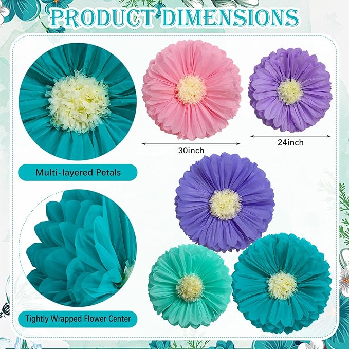Chunful 5 Pcs 30'' 24'' Gaint Pastel Tissue Paper Flowers Decoration Large Hanging Tissue Paper Pom Poms Decor for Pastel Birthday Bachelorette Wedding Baby Shower Bridal Shower Easter Party Decor
