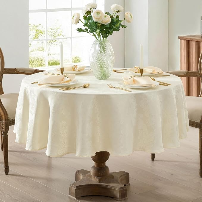 Newbridge Barcelona Luxury Damask Fabric Tablecloth, 90” Round, Antique White, 100% Polyester, No Iron, Soil Resistant Dining Room, Party and Banquet Table Cover