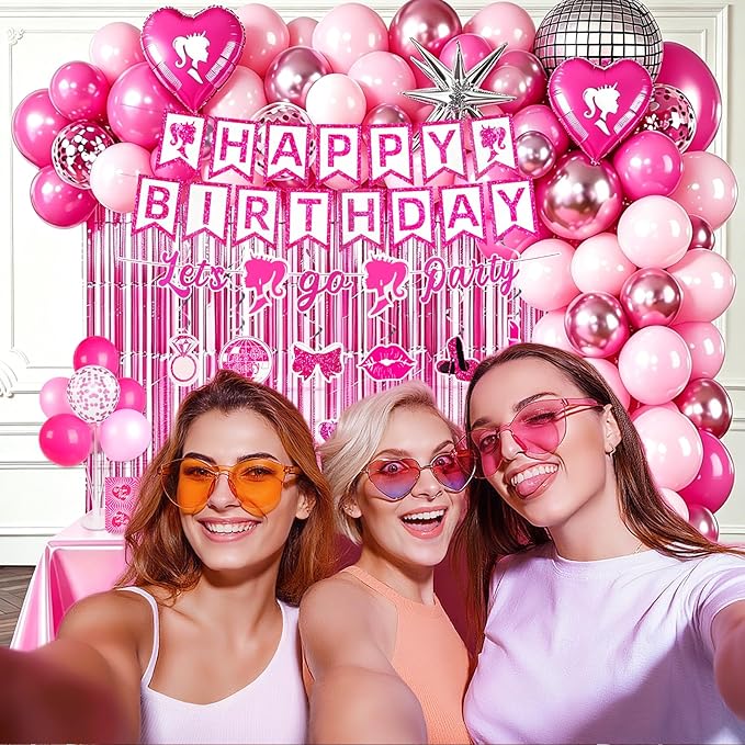 Hot Pink Birthday Party Decorations Supplies 187Pcs Serve 20 Guests, All In One Party Kit with Tableware, Decorations, Cake Topper, Photo Props for little Girls, Girls & Women Birthday Party