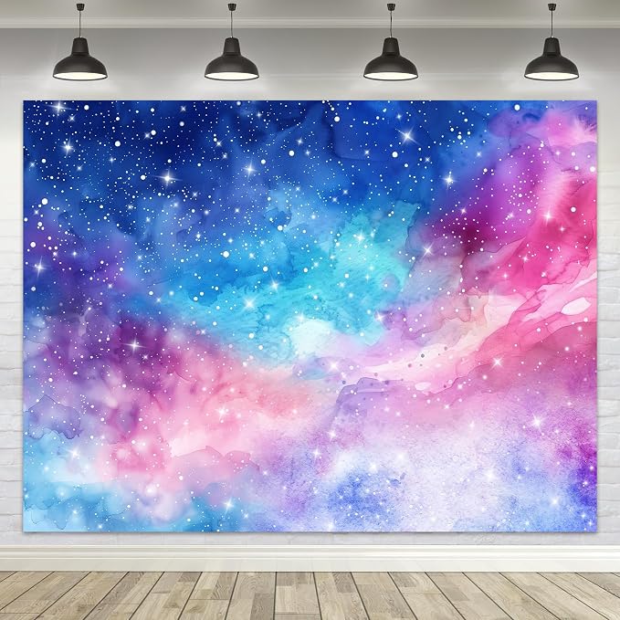 Space Galaxy Backdrop Pink Purple Outer Starry Sky Watercolor Romantic Universe Nebula Planet Night Star Photography Background Decoration for Kids Birthday Fabric Photo Shoot Studio Props
