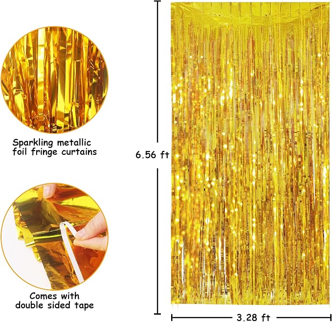 JOYIT 5 Pack Gold Tinsel Backdrop - 3.28 ft x 6.56 ft Fringe Backdrop, Glitter Foil Fringe Curtains for Party Decorations, Birthday, Bachelorette, Graduation, Wedding (Gold, 5 Pack)
