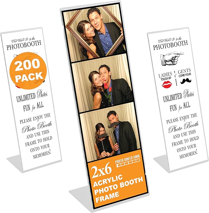 Photo Booth Nook | 2x6 Slanted Photo Booth Frames (200 Count) | Crystal Clear Acrylic Photo Booth Picture Frame with White Inserts | Bulk