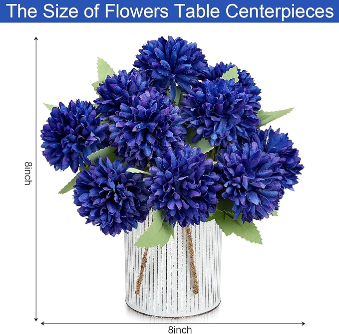 Pre-Made Flower Table Centerpieces, Set of 6 Artificial Silk Chrysanthemum with Farmhouse Metal Vases for Wedding, Birthday Parties, Home, Dining Table Decorations - Royal Blue