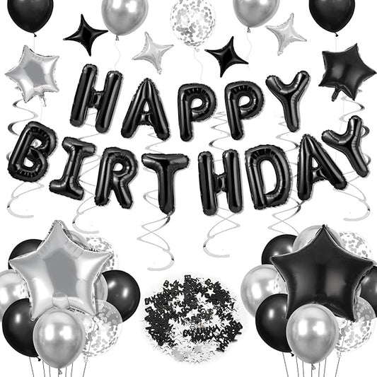 Black Happy Birthday Balloons Decorations Black and Silver Birthday Balloon Letters Banner with 8Pcs Star Balloons Hanging Swirls 10g Table Confetti for Home Room Bday Party Decorations Supplies