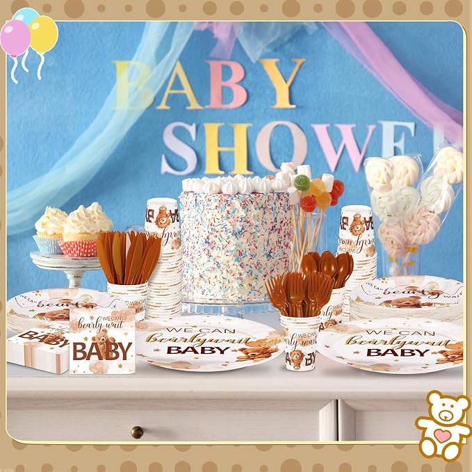 Dandat 350 Pcs Baby Shower Party Supplies Serves 50 Tableware Sets Include Plates Napkin Cup Forks Knives Spoons Disposable Dinnerware(Bear,Brown)