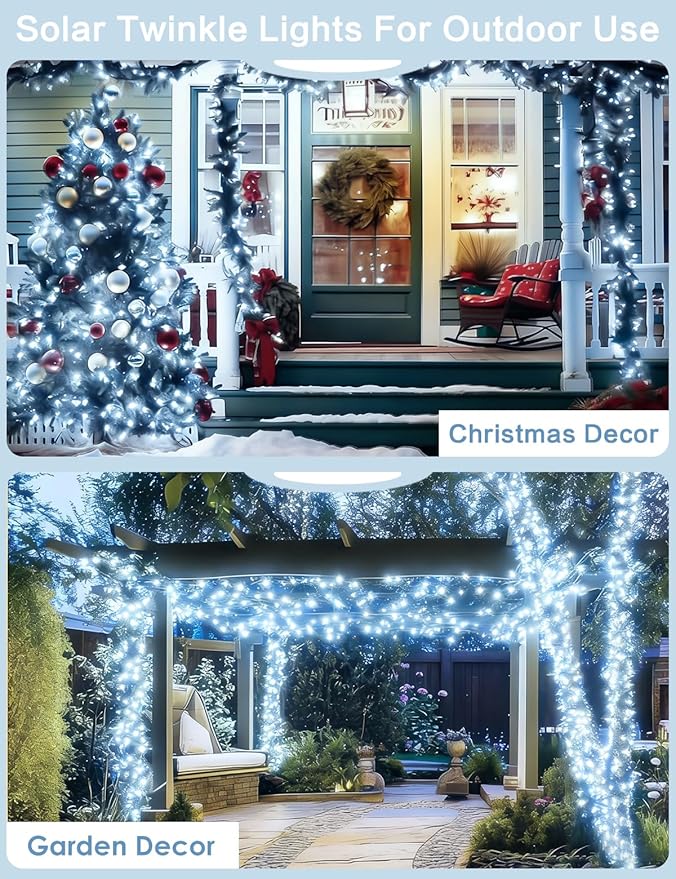 Solar String Lights Outdoor, Upgraded 2-Pack 80FT 200 LED Solar Twinkle Light for Outside, Waterproof Silver Wire 8 Modes Solar Fairy Lights for Garden Patio Tree Christmas Party Wedding (Cool White)