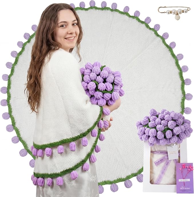 Handmade Knitted Crochet Flower Bouquet Blanket 63in, Birthday Gifts for Women, Anniversary, Wedding, Romantic Gifts for Wife Girlfriend Mom Sister Friends, Throw Blanket, Home Decor