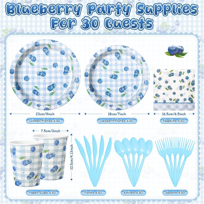 Honeydak 210 Pcs Blueberry Party Supplies for 30 Guests, Includes Plates, Cups, Napkins, Cutlery - Blueberry Checked Birthday Tableware Decorations for 1st Birthday, Summer Fruit Party