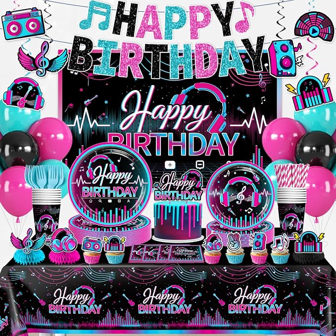 Karaoke Party Decorations for 25 Guests, 208PCS All-in-One Music Party Supplies Set with Banner, Backdrop, Balloons, Cake Toppers, Plates, Napkins and Tablecloth, Music Theme Birthday Decor
