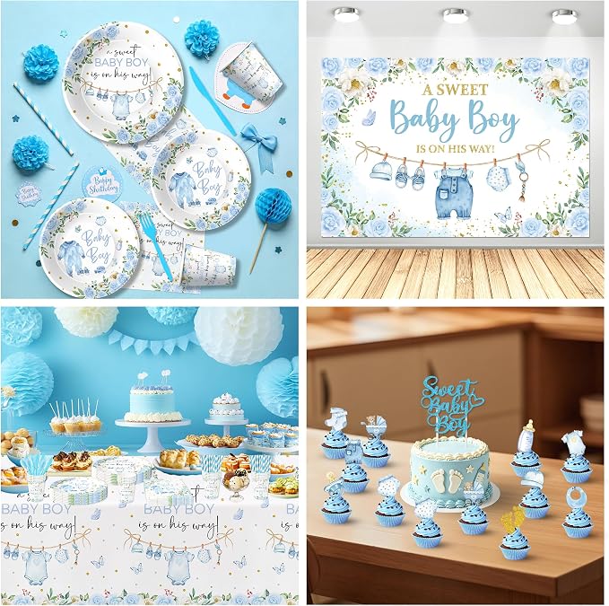 Baby Shower Decorations Boy, Blue Baby Boy Shower Party Supplies | Plate, Napkin, Cup, Tablecloth, Backdrop, Banner, Swirls, Topper, Balloons, Cutlery, All Packages in Gift Box for 24 Guests