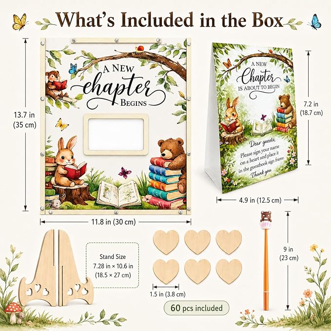 A New Chapter Begins Baby Shower Decorations,Storybook Baby Shower Guest Book Alternatives with Pen,Photo Frame and 60 Heart Wood Slices for 60 Guests,Book Themed Party Decoration