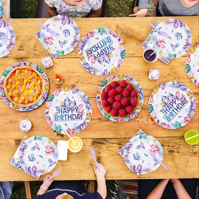 96Pcs Crystal Birthday Party Decorations Purple Gem Stone Diamond Plates and Napkins Tableware Sets Geology Crystal Theme Party Decorations for Women Girls Baby Shower Birthday Supplies Serves 24