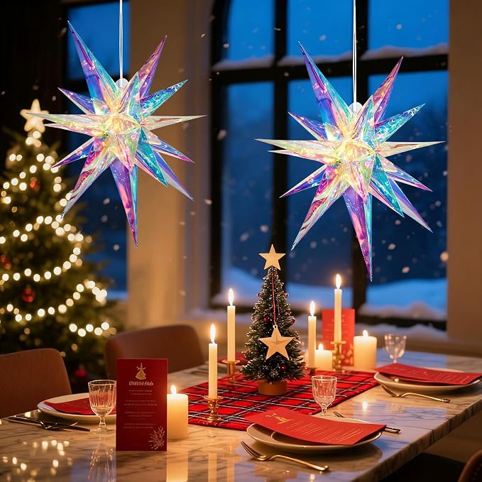 SUNBEAUTY 24 Inches Iridescent Christmas Lights Stars Lanterns Christmas Lanterns Hanging Moravian Star 3D for Wedding Birthday Christmas Home Party Decorations