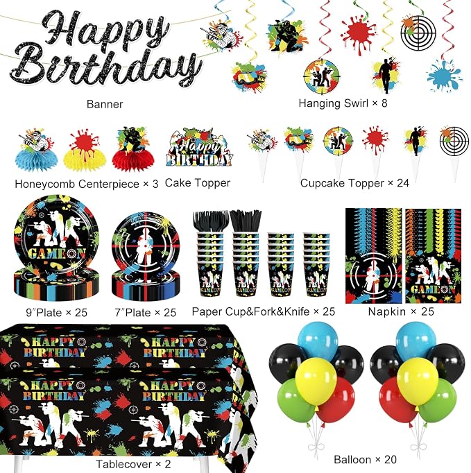 Paintball Birthday Party Decorations for 25 Guests, 219PCS All-in-One Colorful Paint Splash Shooting Game Theme Party Supplies Set with Plates, Balloons, Banner, Cake Topper, and Tablecloths