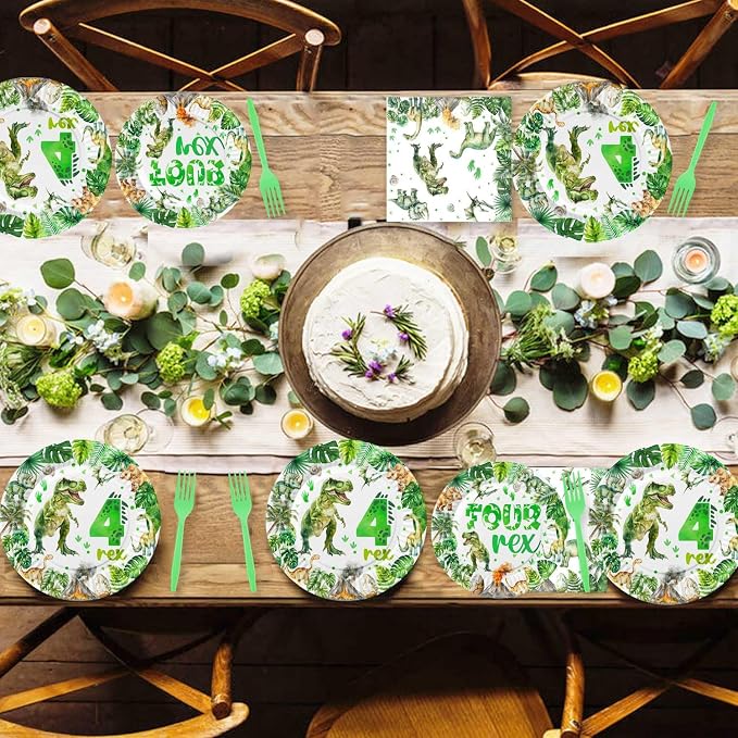 208 Pcs Dinosaur 4th Birthday Party Supplies, Green Dino Roar I'm Four Birthday Decorations, 20 Serves Include Plates, Cups, Napkins, Tablecloth, Cake Topper, Swirls, Banner, Balloons for Boys