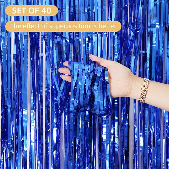 40 Pack Navy Foil Curtain Backdrop Metallic Tinsel Foil Fringe Curtains Photo Booth Props for Birthday Party Decoration Christmas Holiday Halloween New Year Party Supply, Navy
