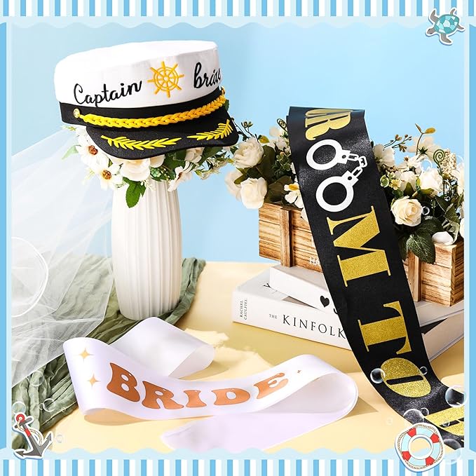 JaGely 4 Pcs Groom Bride Captain Hat with Veil Bachelor Sash Bachelorette Accessories for Wedding Bridal Shower Honeymoon