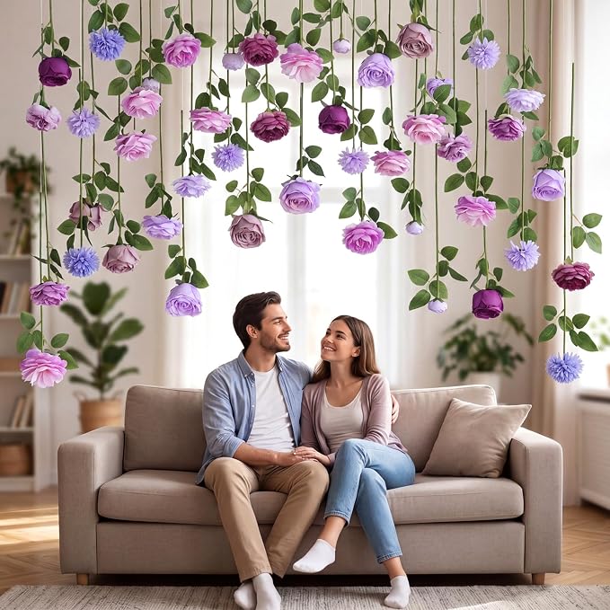 Lyrow 120 Pack Artificial Flower Hanging Flowers Ornament Floating Garland Ceiling Strings for Wedding Anniversary Engagement Marriage Proposal Floral Birthday Party Decor (Rose,Purple)