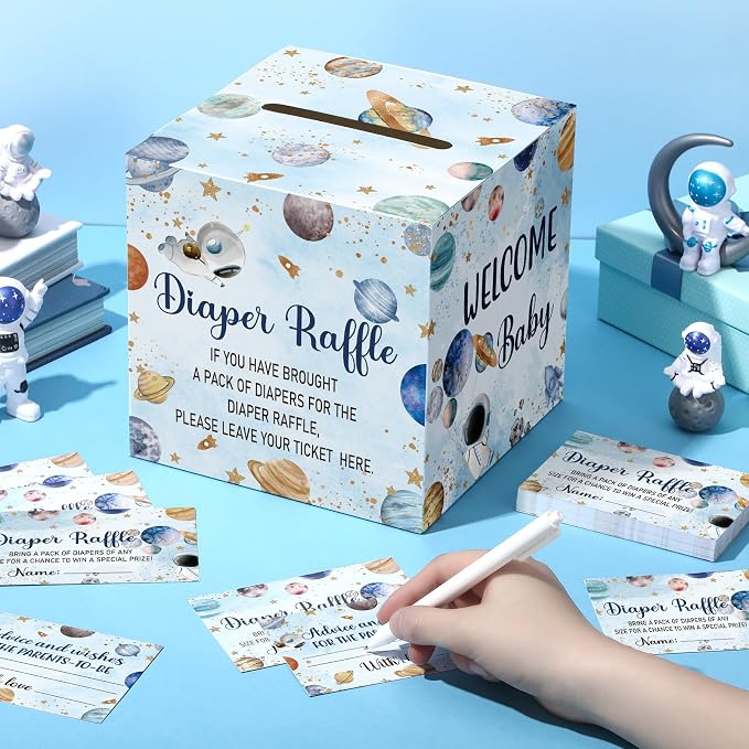 Teling 51 Pieces Diaper Raffle Tickets with Card Box Baby Shower Decorations Baby Shower Holder Box for Girl Boy Diaper Raffle Party(Outer Space)