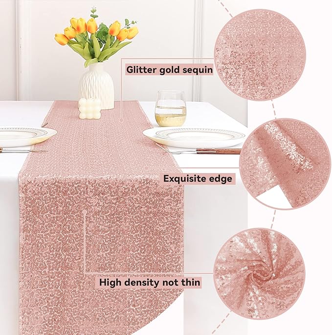 Sugargirl 10 Packs 12 x 72 inches Sequin Table Runner, Glitter Rose Gold Table Runner for Birthday Party Supplies Wedding Holiday Celebration Event Decorations