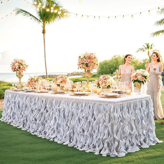 Wish Care 21ft Silver Sequin Tutu Table Skirt for Rectangle Tables Curly Willow Tutu Skirting Ruffle Table Cloth Glitter Desk Skirts for Wedding Birthday Space Theme Party Banquet Table Decorations