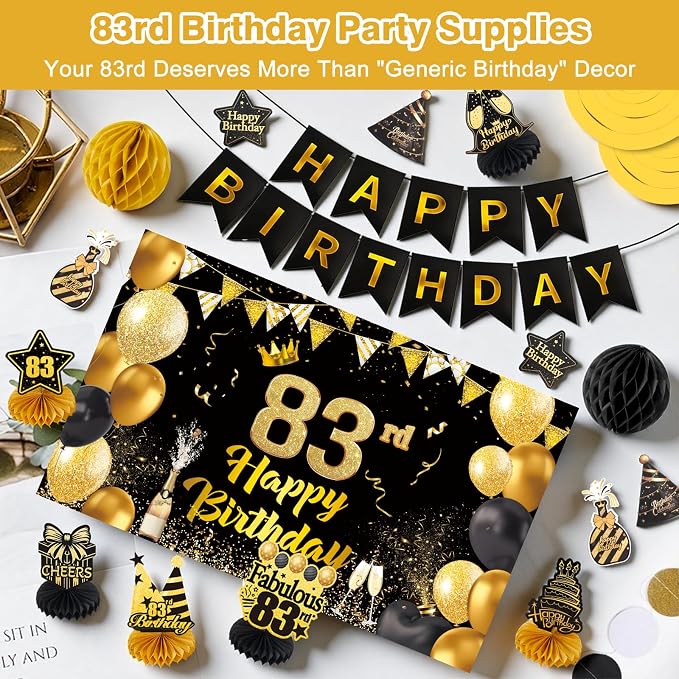 Happy 83rd Birthday Party Decoration: Including Birthday Banner Backdrop, Party Table Centerpieces and Hanging Swirl Party Streamers, Birthday Decor for Men and Women (Gold/Black, 83rd Birthday)