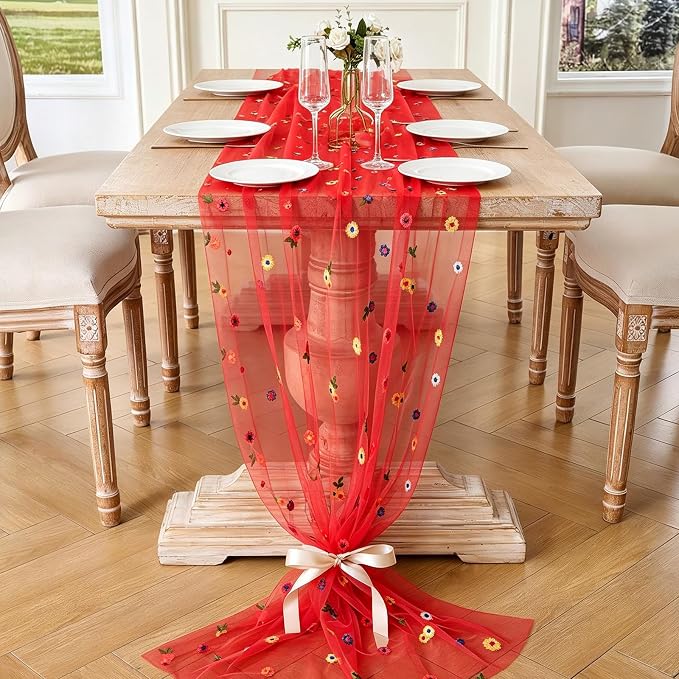 BINBE 12pcs Daisy Spring Table Runner Embroidery Gauze 10FT Florals Seasonal Tulle Holiday Birthday Kitchen Dining Table Decor for Home Party Red