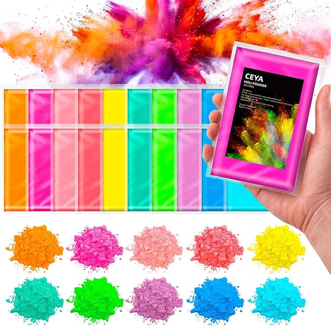 Ceya Holi Powder,20 Pack X 3.5oz(100g) Each Color Run Powder, 10 Colors Natural Washable Chalk Paint for Color War, Rangoli ,Fun Run, Photoshoot, Smoke Bombs, Gender Reveal & Summer Camp