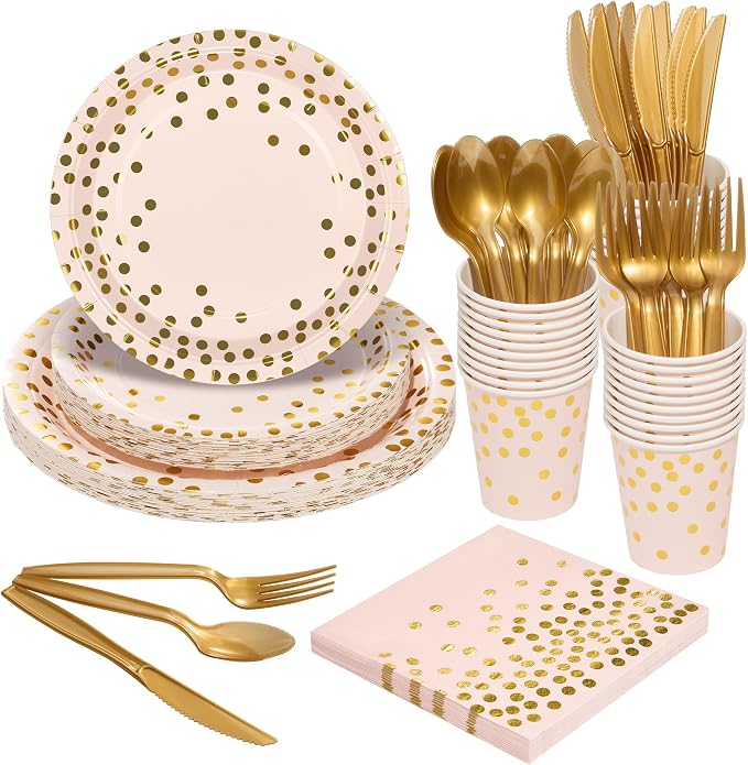 Goodlluck 175PCS Pink Gold Foil Polka Dot Disposable Party Tableware Set, 25 Guests | 9" & 7" Golden Dot Disposable Paper Plates, 9oz Cups, Napkins & Gold Cutlery for Birthday, Wedding & Baby Shower