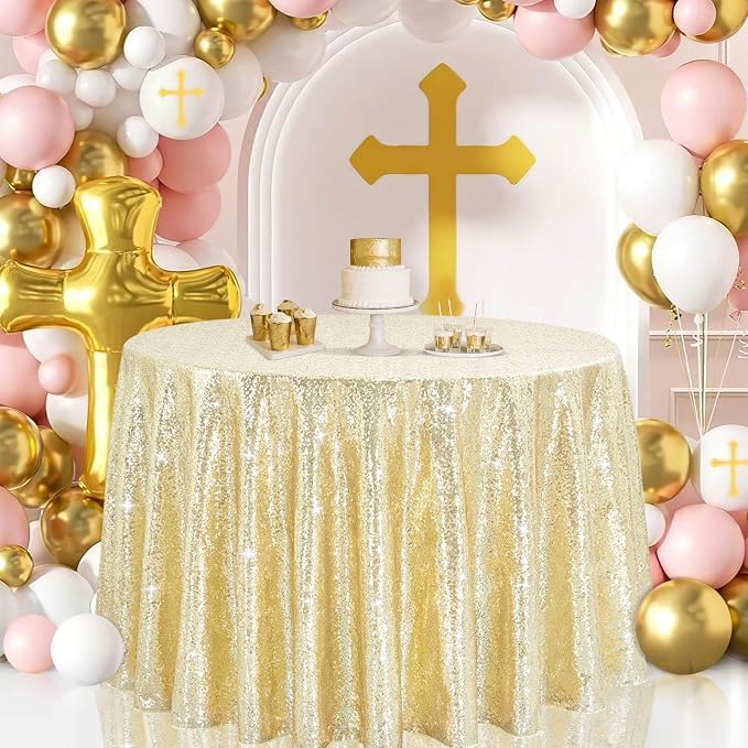 B-COOL Round Sequin Tablecloth Draping Decorations: Light Gold Tablecloths Sequin Overlay Shimmer Fabric for Birthday Dinner Parties Graguation 120 Inch