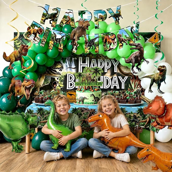 Dinosaur Birthday Party Decorations, 86 PCS Dino Party Supplies | Banner, Backdrop, Tablecloth, Cake Toppers, Balloons, Honeycombs, Hanging Swirls, Stickers for Party Decor