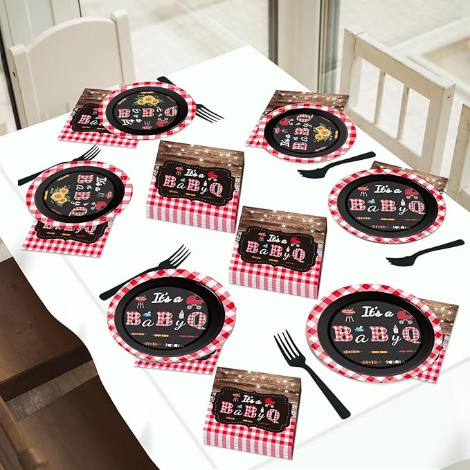 200pcs BBQ Baby Shower Plates Napkins Baby Q Paper Tableware Set It's A BabyQ Cake Dessert Disposable Dinnerware Rustic Barbecue Party Decoration for Baby Shower Birthday Decor Supplies Serves 50