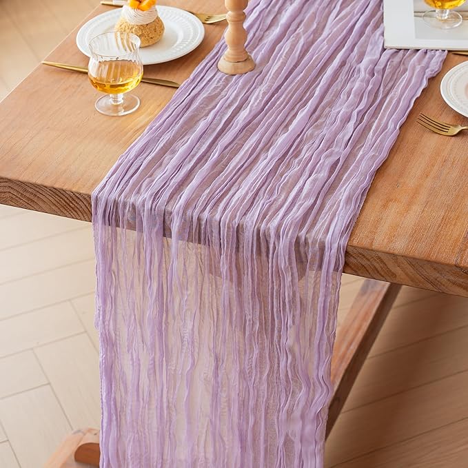 FEXIA Lilac Cheesecloth Table Runner 35x120 Inches Spring Easter Gauze Lavender Table Runners for Mother's Day Bridal Shower Wedding Party First Communion Centerpiece Engagement Decoration