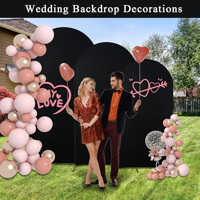 Gawicpy Wedding Arch Backdrop Stand Set Metal Arch Backdrop Stand with Wedding Arch Cover, Wedding Balloon Arch Backdrop Stand for Birthday, Baby Shower, Anniversary (Black, 5.9FT+6.6FT+7.2FT)