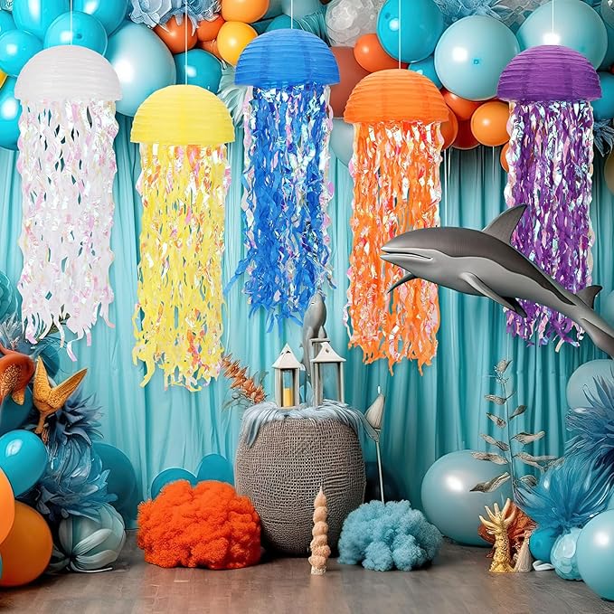 Baquler Set of 12 Jellyfish Party Decoration Multicolors Jellyfish Paper Lanterns 10 Inch Semicircle Lanterns Hanging Decoration for Mermaid Sea Ocean Birthday Party Decorations