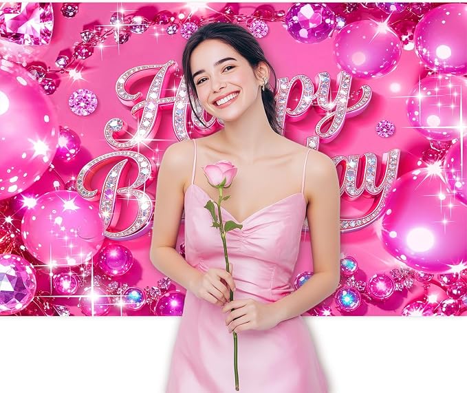 Happy Birthday Backdrop 5Wx3H Feet Polyester Fabric Hot Pink Bling Diamond Glitter for Women Girls Decoration Modern Party Supplies Photography Background Photo Shoot Props