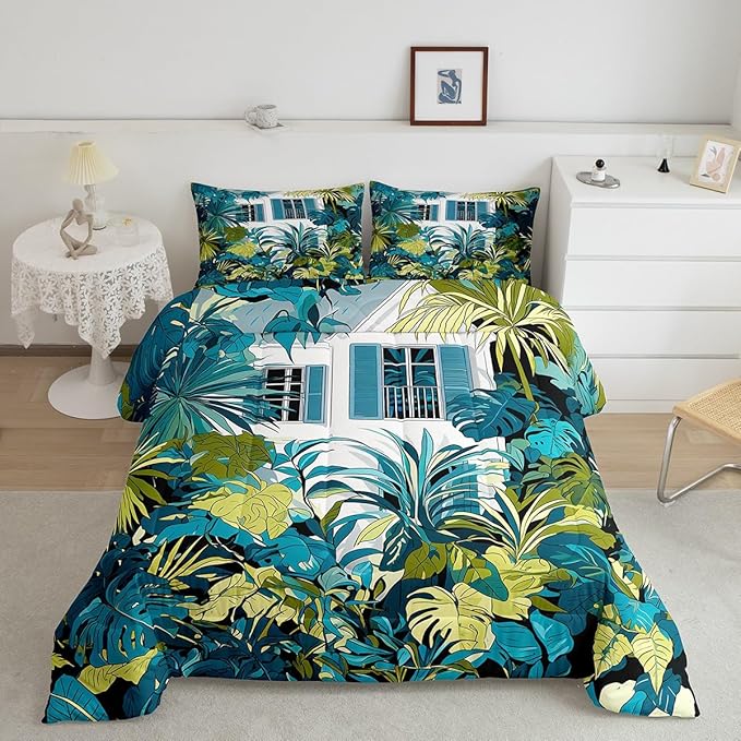 jejeloiu Palm Leaf Comforter Set King Size Kids Tropical Leaves House Bedding Set for Boys Girls Summer Botanical Branches Nature Theme Duvet Quilt Room Decor