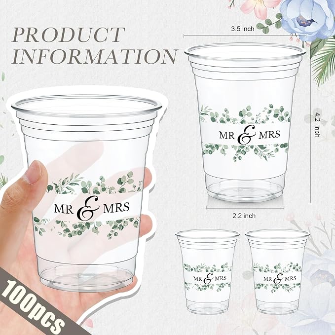 Jingmore 100 Pcs Wedding Plastic Cup 12 oz Wedding Disposable Cups for Reception Thick Clear Cup Happily Ever After Mr and Mrs Just Married Cups for Bridal Shower Decorations (Green Floral)